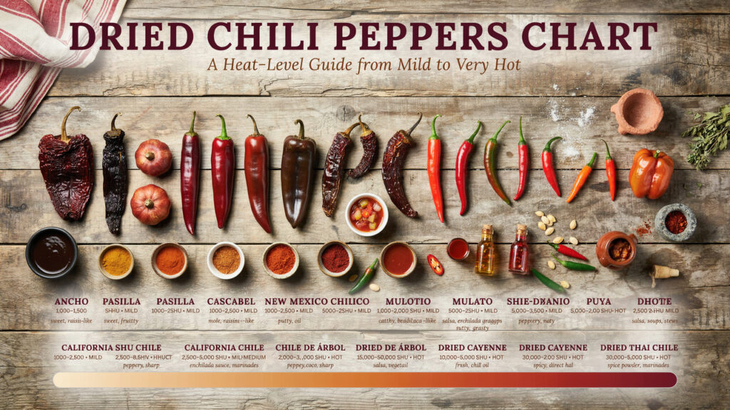 Dried Chili Peppers Chart: Heat Levels, Scoville Ratings & Uses