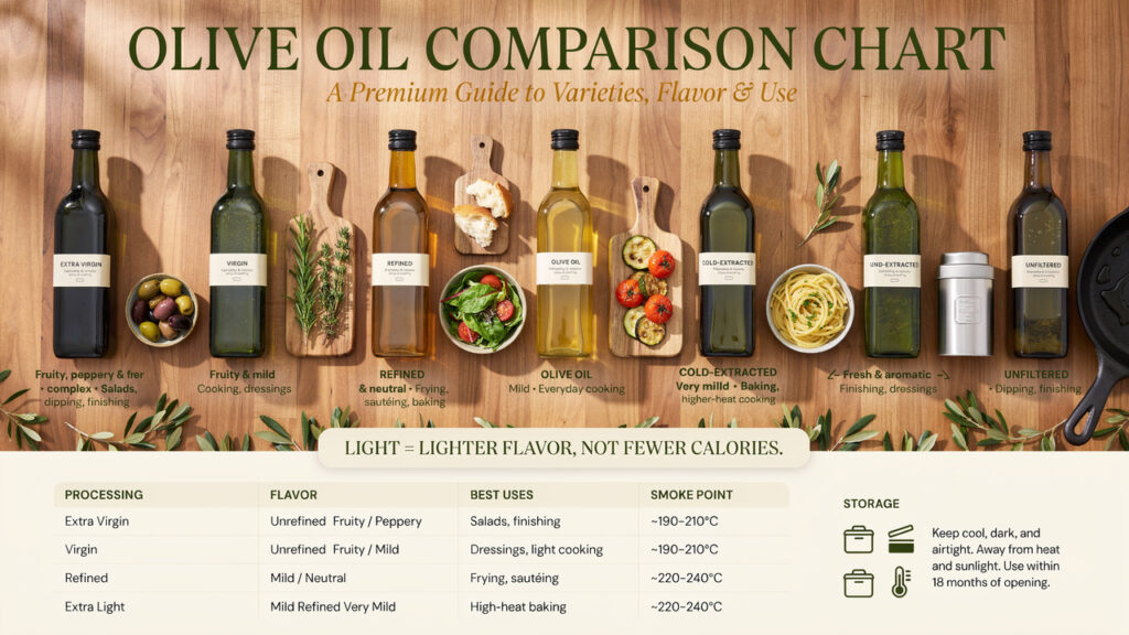 Olive Oil Comparison Chart: Types, Smoke Point, Uses & Quality