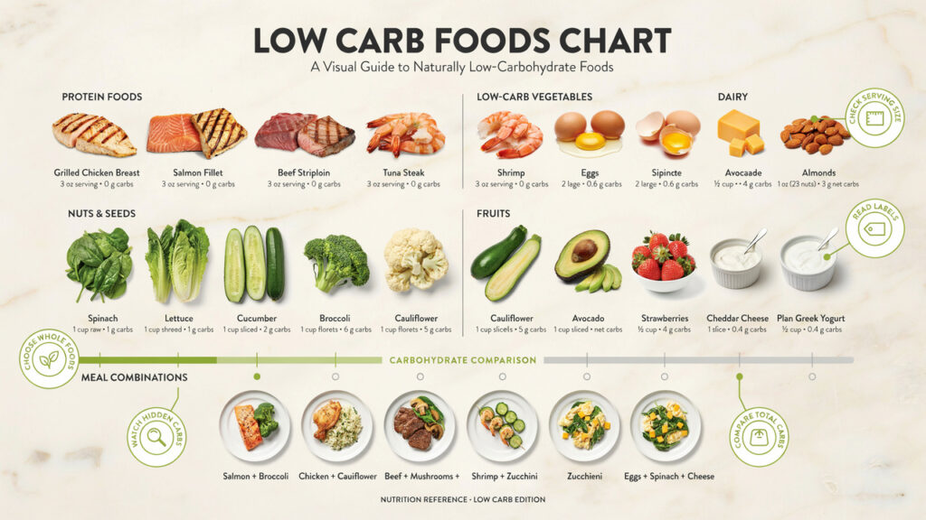 Low Carb Foods Chart: Foods, Carbs, Serving Sizes & Meal Ideas Low Carb Foods Chart: Foods, Carbs, Serving Sizes & Meal Ideas
