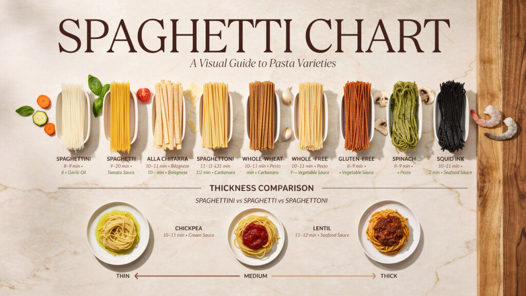 Spaghetti Chart: Types, Shapes, Cooking Time & Best Sauces Spaghetti Chart: Types, Shapes, Cooking Time & Best Sauces
