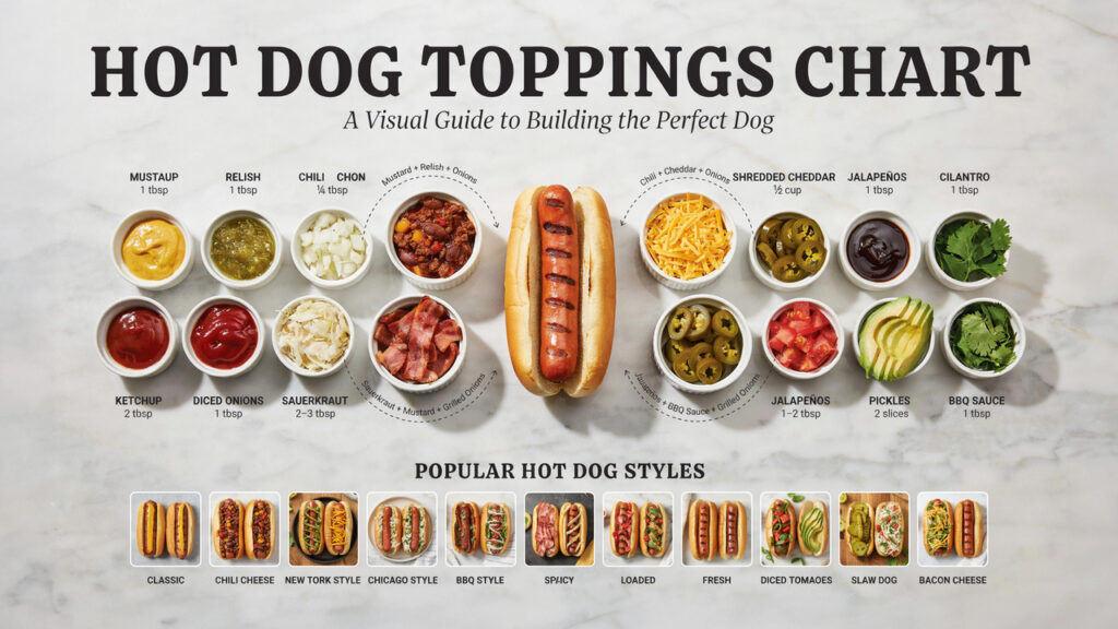 Hot Dog Toppings Chart: Toppings, Portions, Pairings & Ideas Hot Dog Toppings Chart: Toppings, Portions, Pairings & Ideas