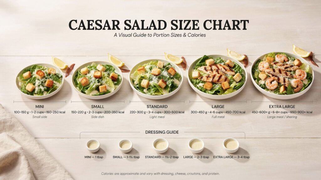 Caesar Salad Size Chart: Portions, Calories & Serving Guide Caesar Salad Size Chart: Portions, Calories & Serving Guide