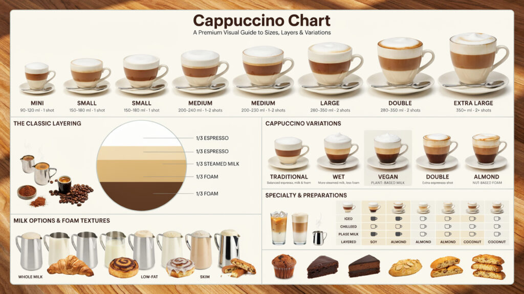 Cappuccino Chart: Types, Sizes, Ratios & Serving Guide Cappuccino Chart: Types, Sizes, Ratios & Serving Guide